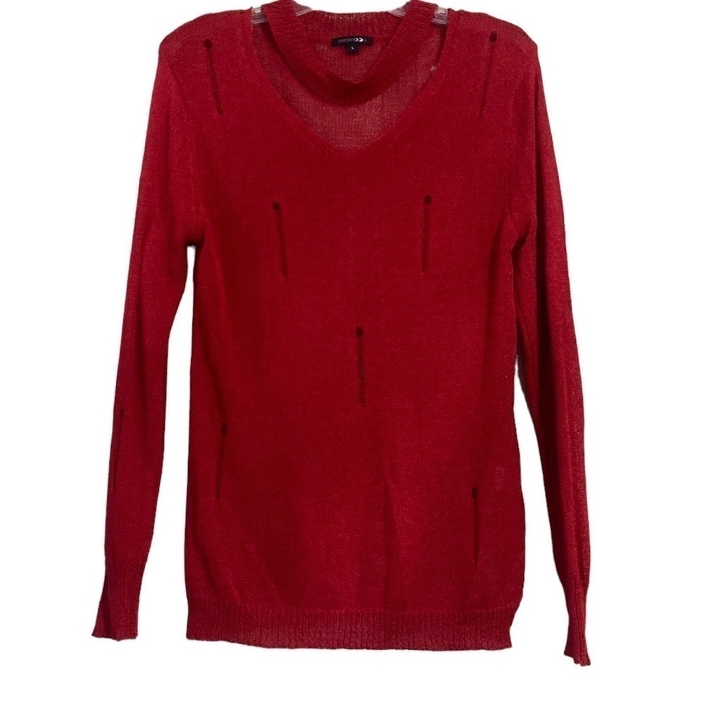 Red sweater with cut out collar and distressed runs size L